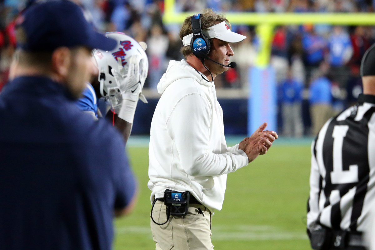 Oct 7, 2023; Oxford, Mississippi, USA; Mississippi Rebels head coach Lane Kiffin watches after the final first down during the second half against the Arkansas Razorbacks at Vaught-Hemingway Stadium. Mandatory Credit: Petre Thomas-USA TODAY Sports